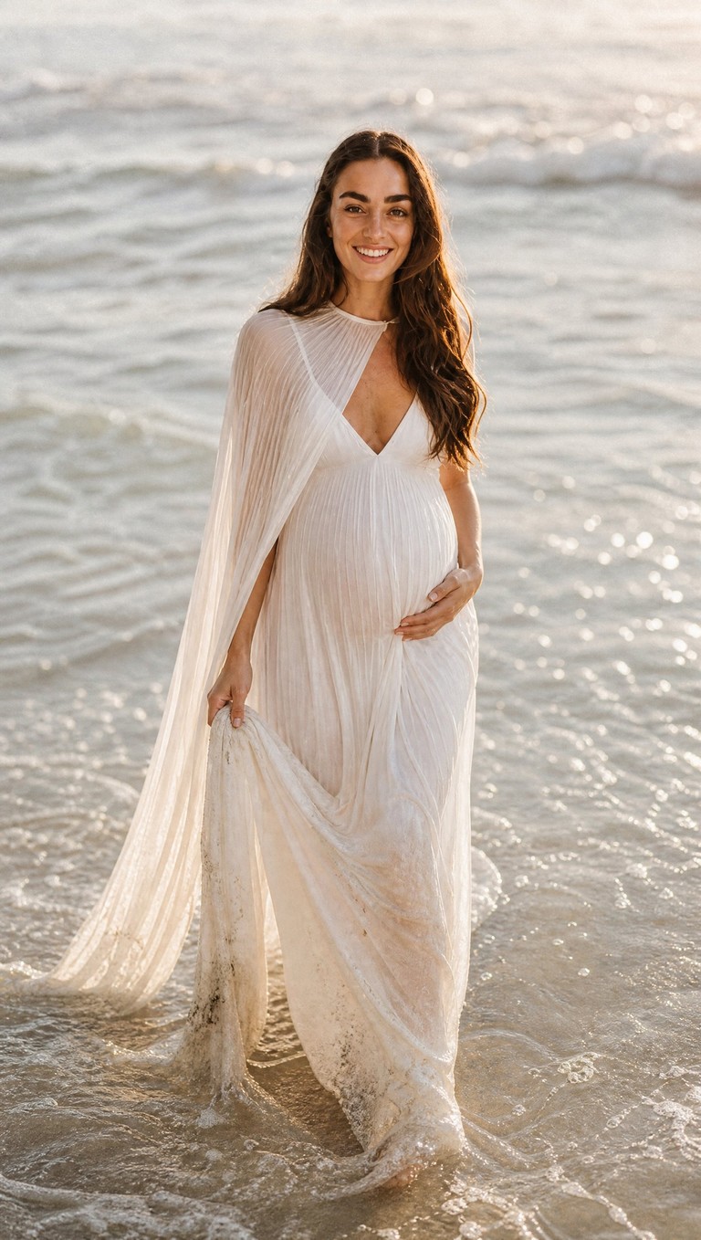 Vestido blanco premamá de gasa para fotos de embarazada en la playa