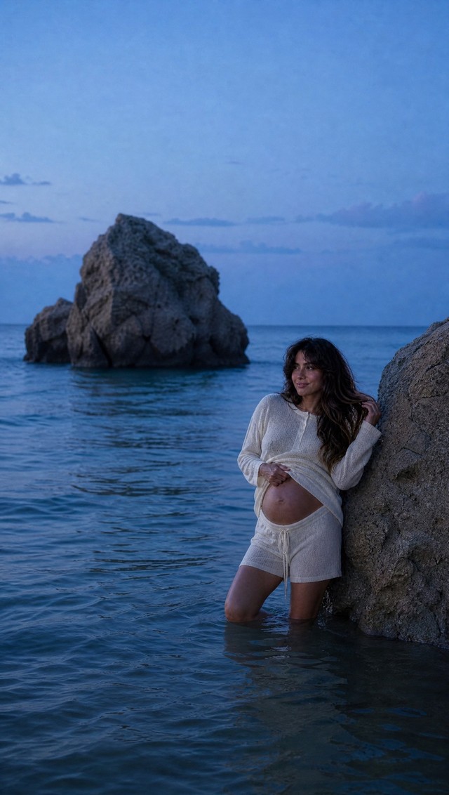 Conjunto rústico camiseta + shorts crudo — look premamá para fotos de embarazada