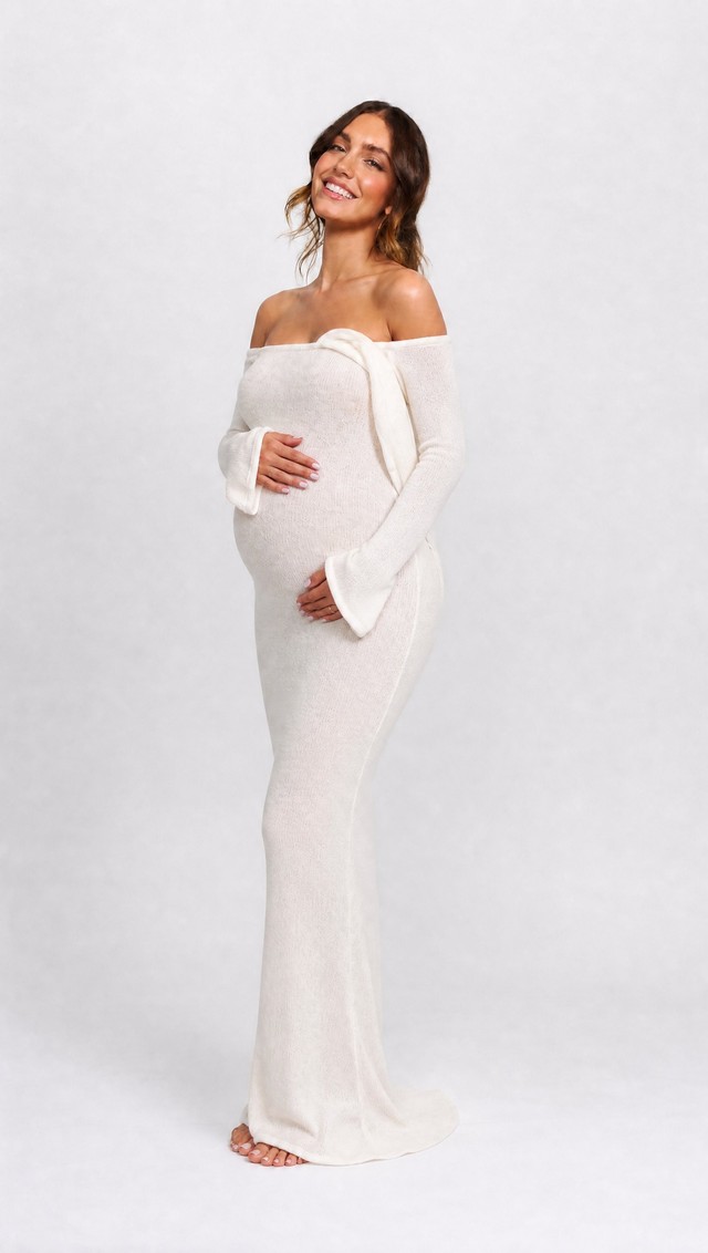 Vestido Sandrine off-shoulder de punto — look premamá para fotos de embarazada