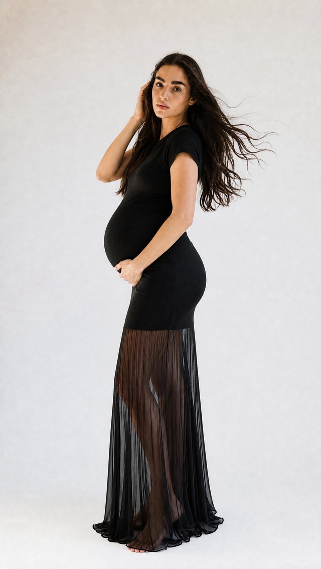 Vestido Knitted Sheer negro — look premamá para fotos de embarazada