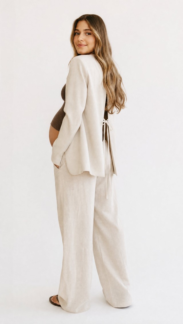 Conjunto top + pantalón lino + blazer beige — look premamá para fotos de embarazada