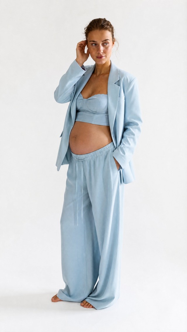 Conjunto traje azul cielo — look premamá para fotos de embarazada