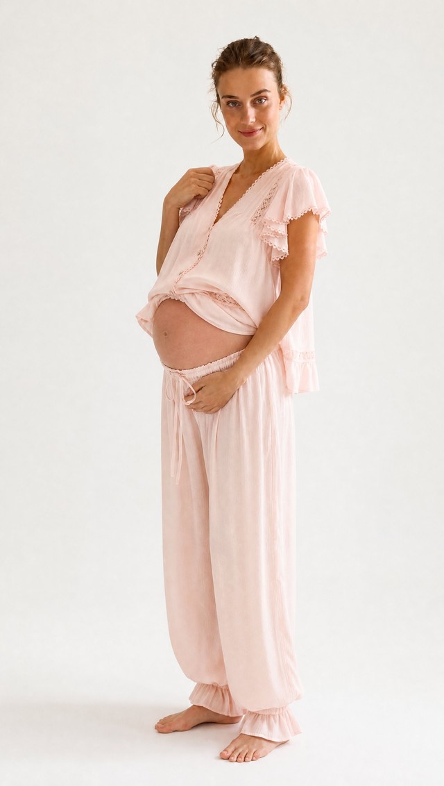 Conjunto blusa volantes + pantalón globo rosa — look premamá para fotos de embarazada