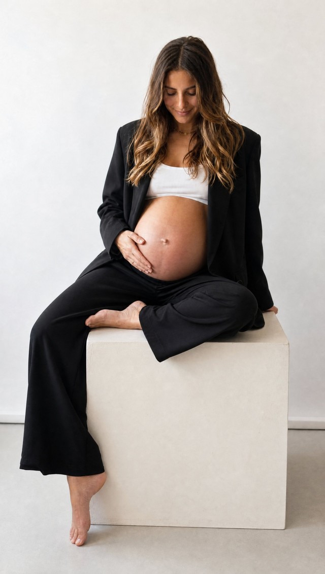 Conjunto traje negro — look premamá para fotos de embarazada