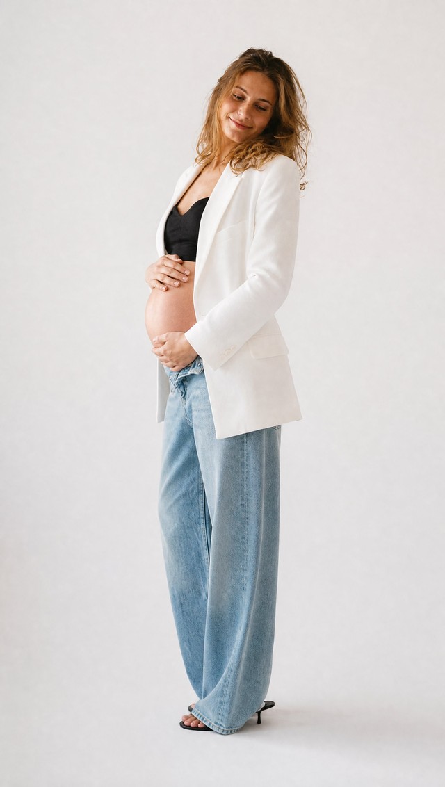 Top negro + blazer blanco + jeans wide leg — look premamá para fotos de embarazada