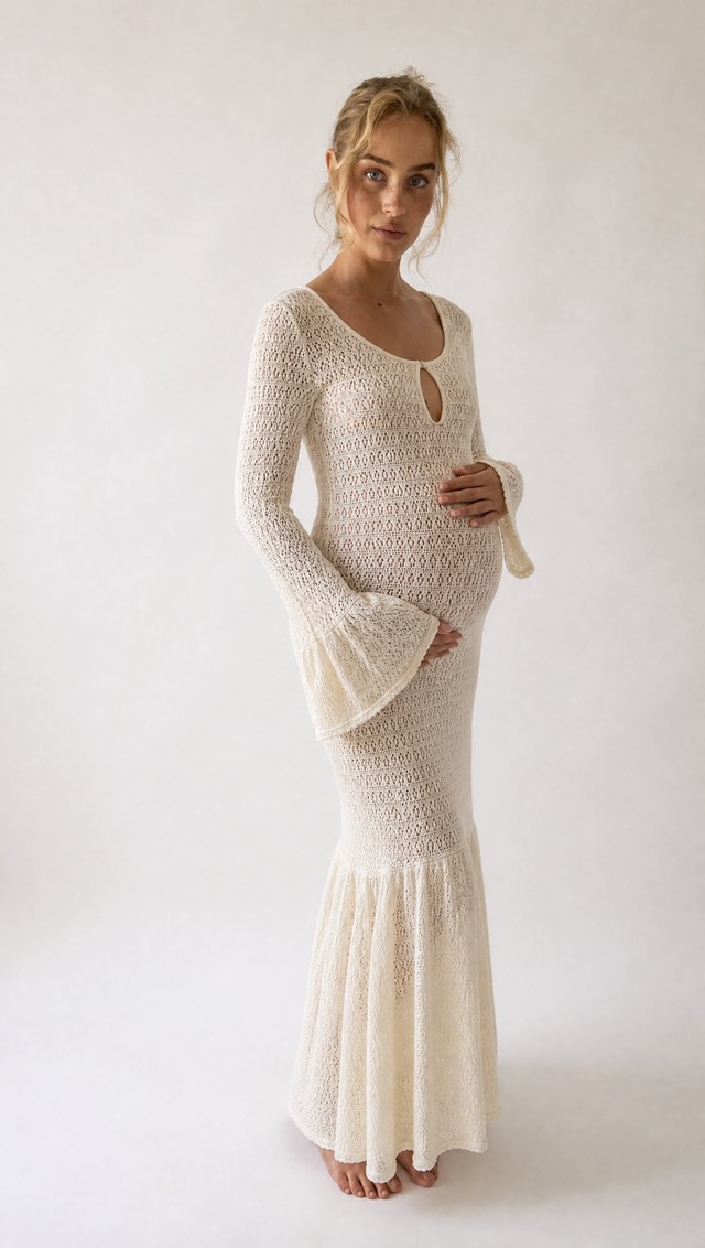 Vestido crochet largo crudo — look premamá para fotos de embarazada