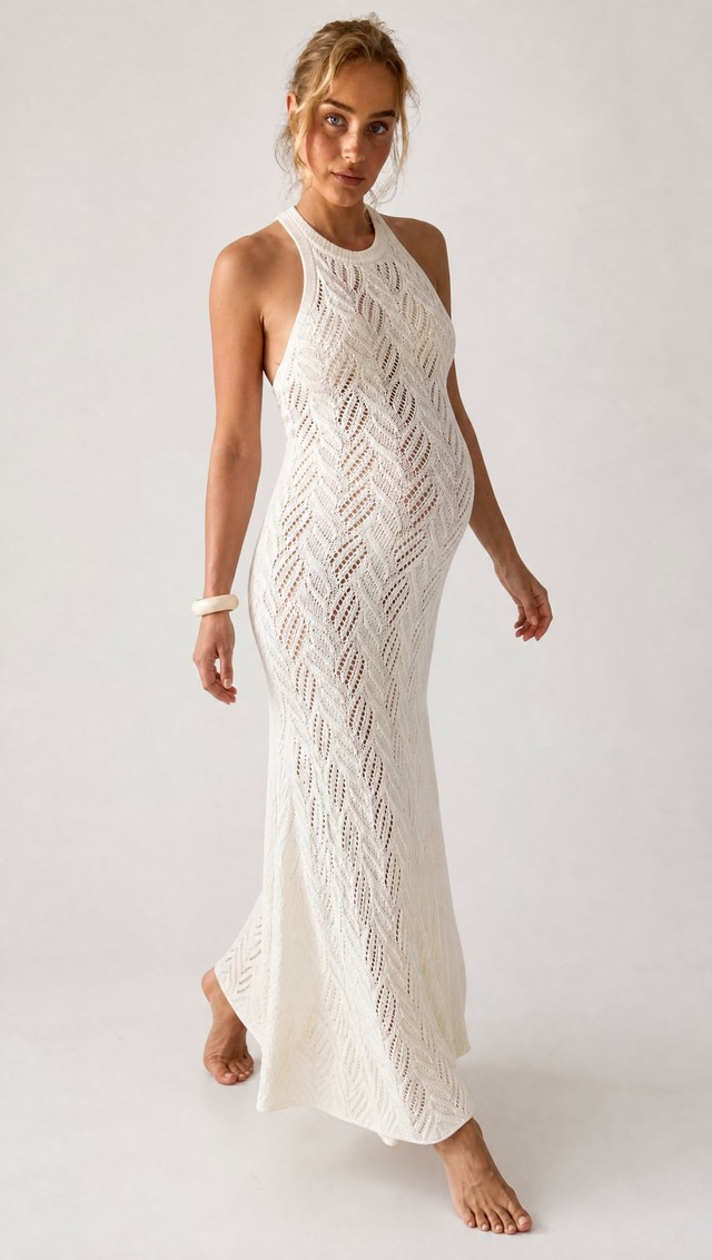 Vestido punto calado halter crudo — look premamá para fotos de embarazada