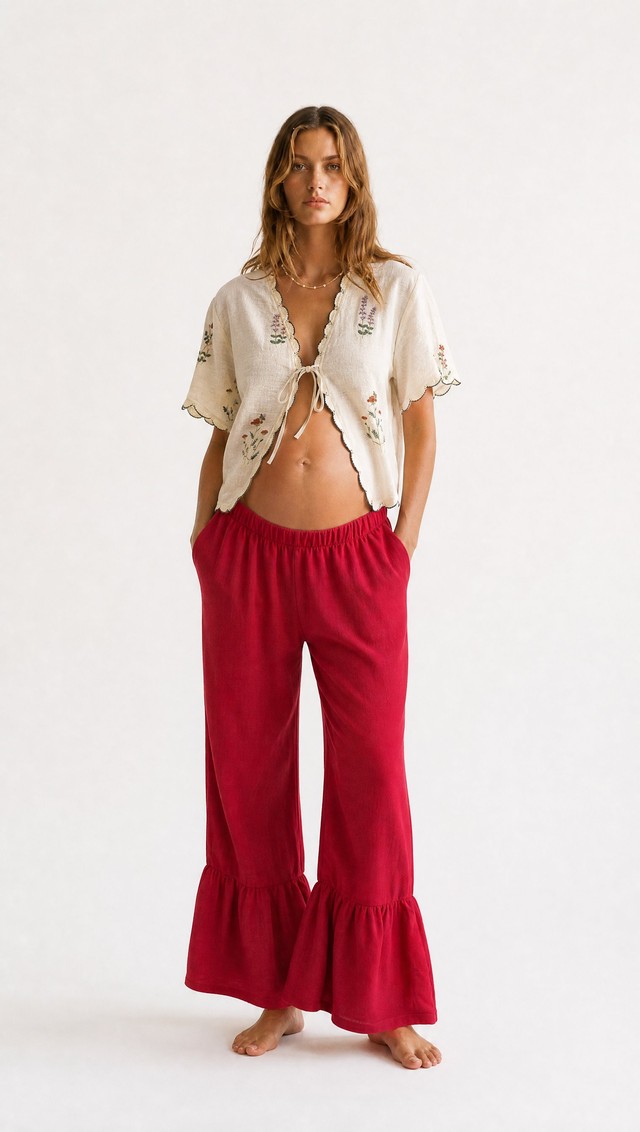 Top bordado floral + pantalón rojo con volante — look premamá para fotos de embarazada