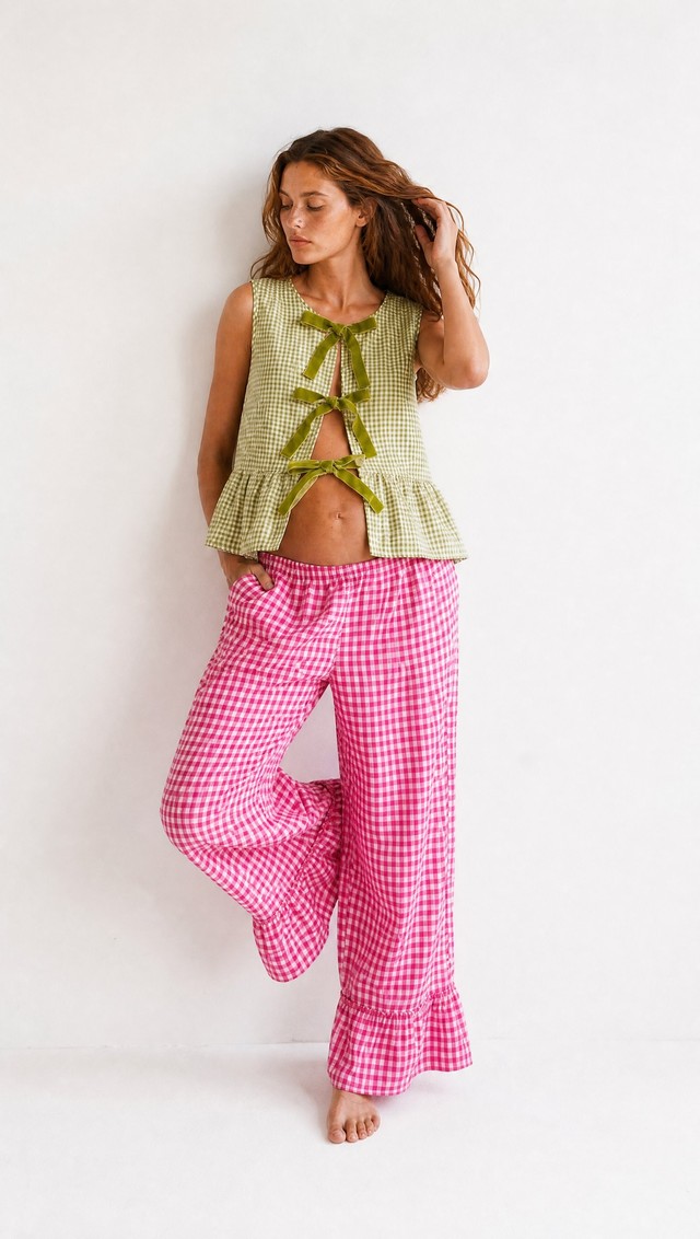 Top vichy verde + pantalón vichy rosa — look premamá para fotos de embarazada