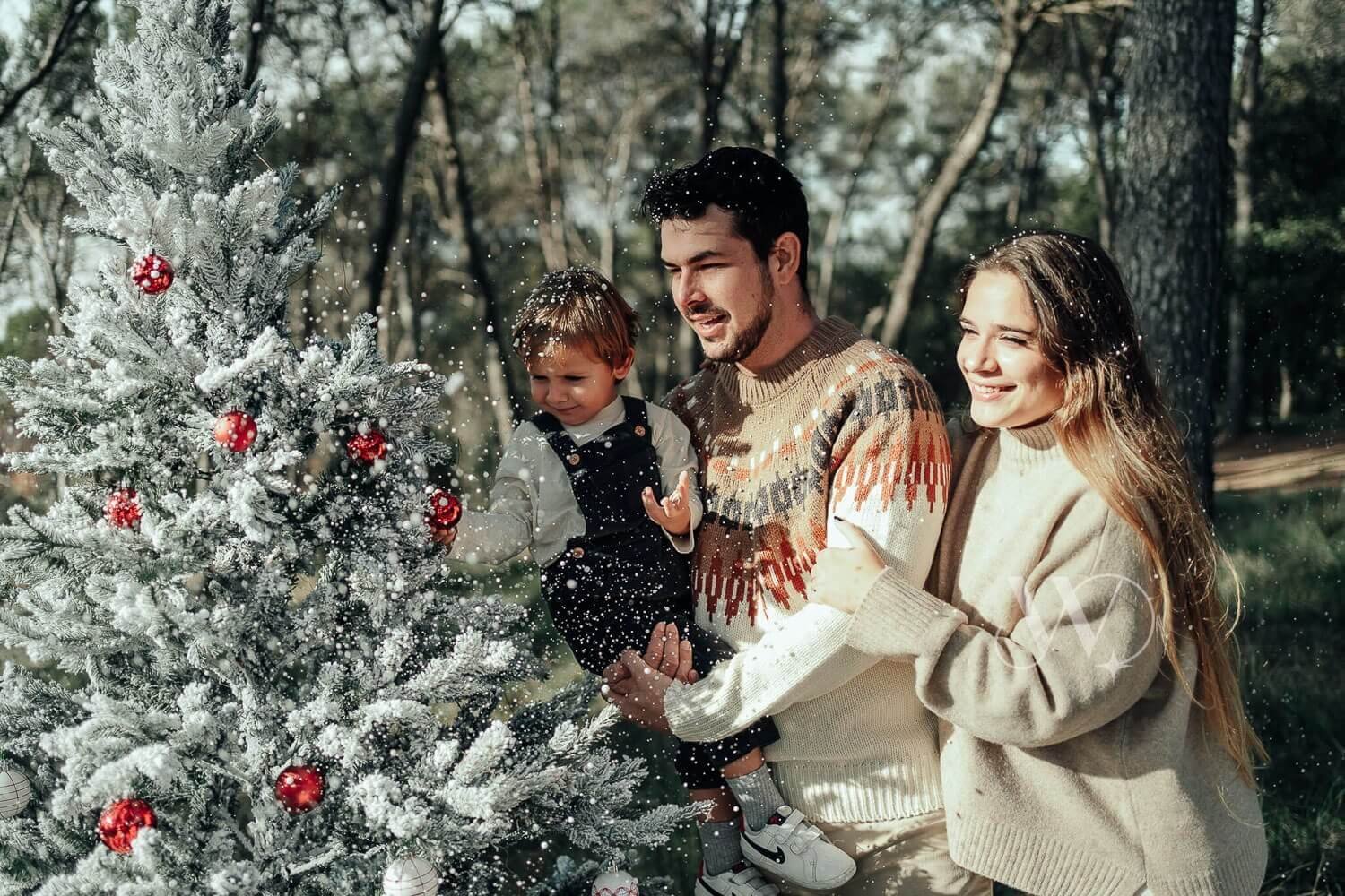 Family enjoying Christmas tree in the forest.