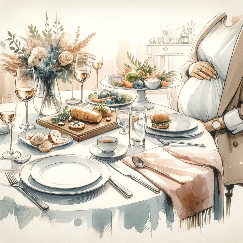 Watercolor Illustration Of A Gourmet Meal At A Home Setting For Expectant Mothers