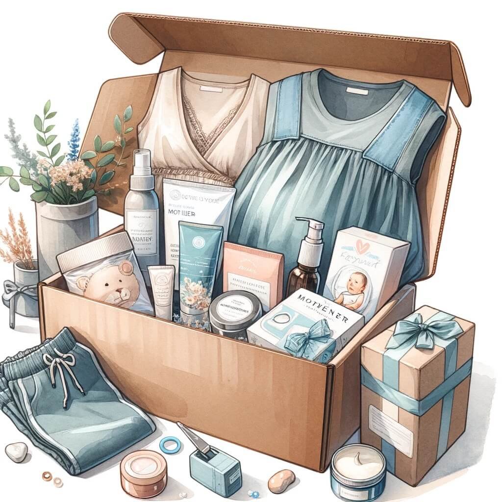 Watercolor Illustration Of A Mothers Subscription Box With Gifts