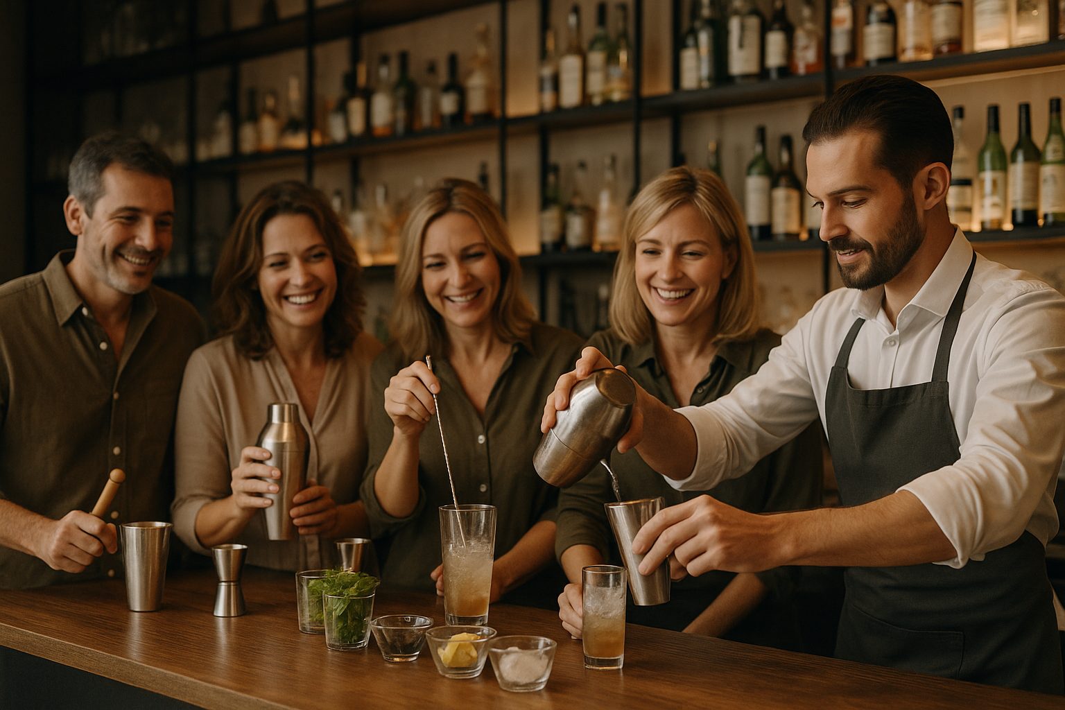 Friends celebrating a 40th birthday with cocktails in Barcelona, small-group format