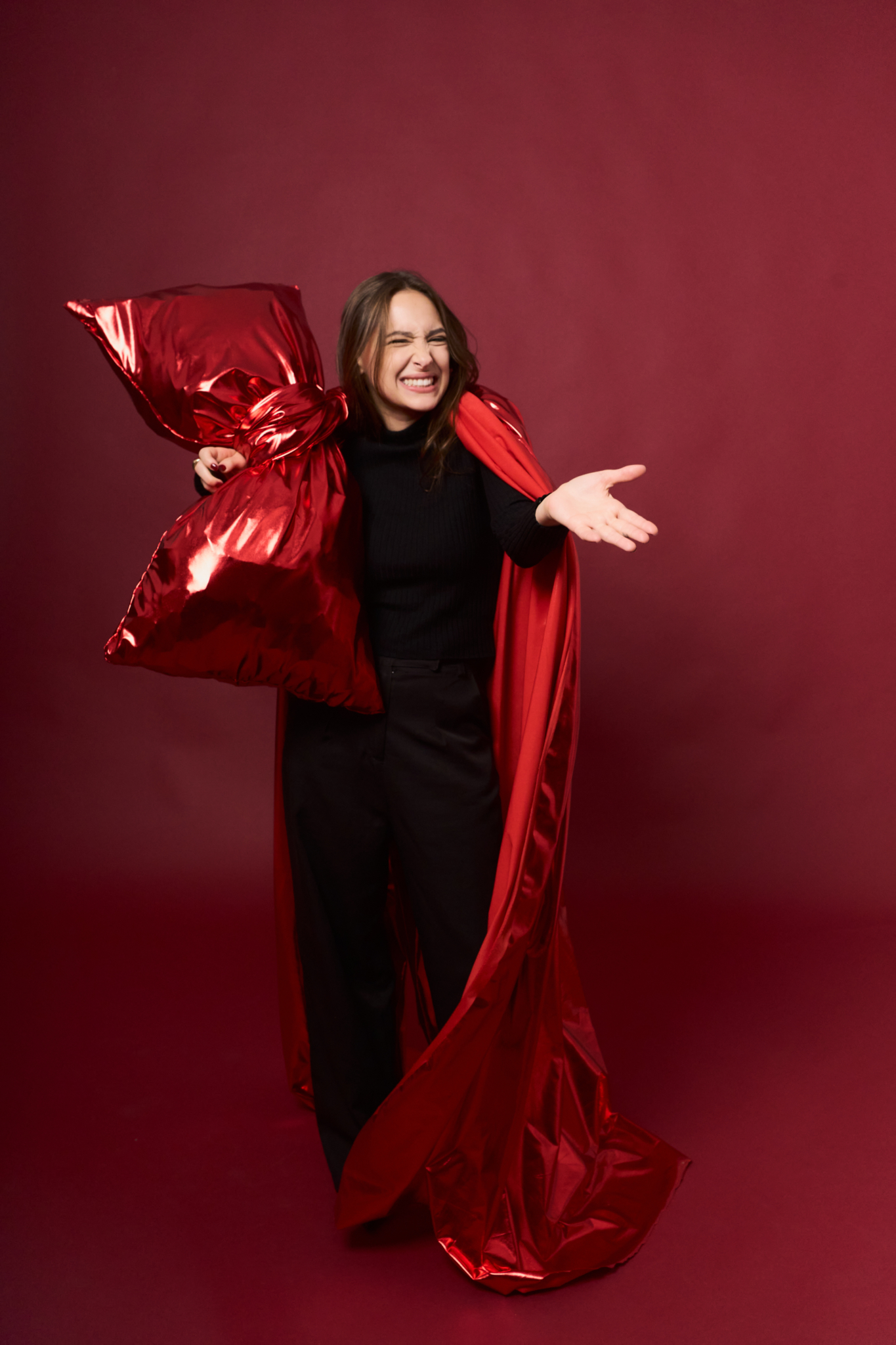 Christmas card photos creative session red fabric