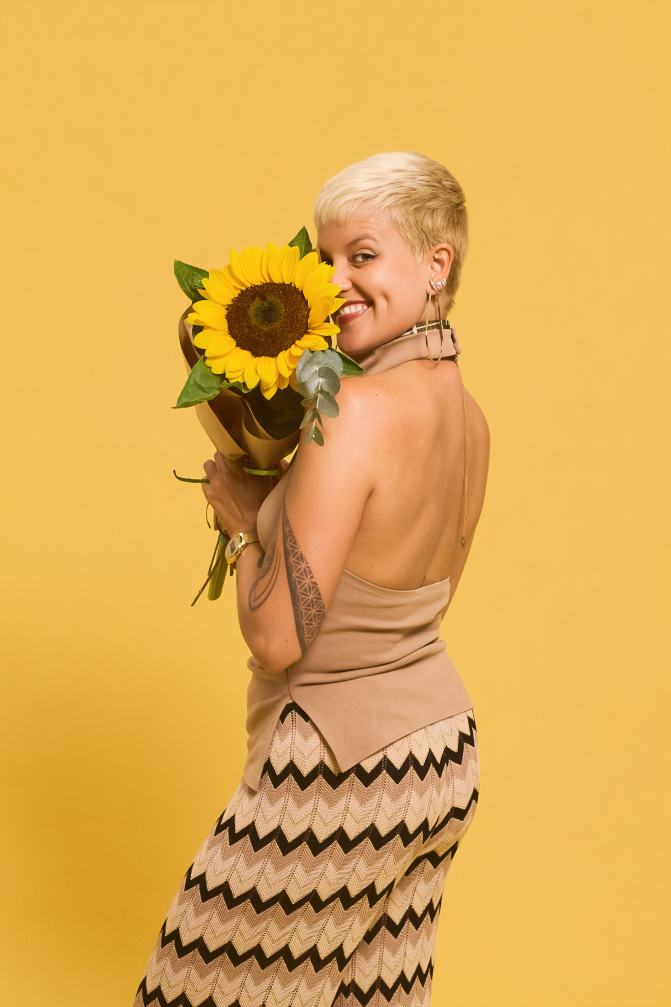 woman sunflower vibrant yellow background summer cheerful family studio photo