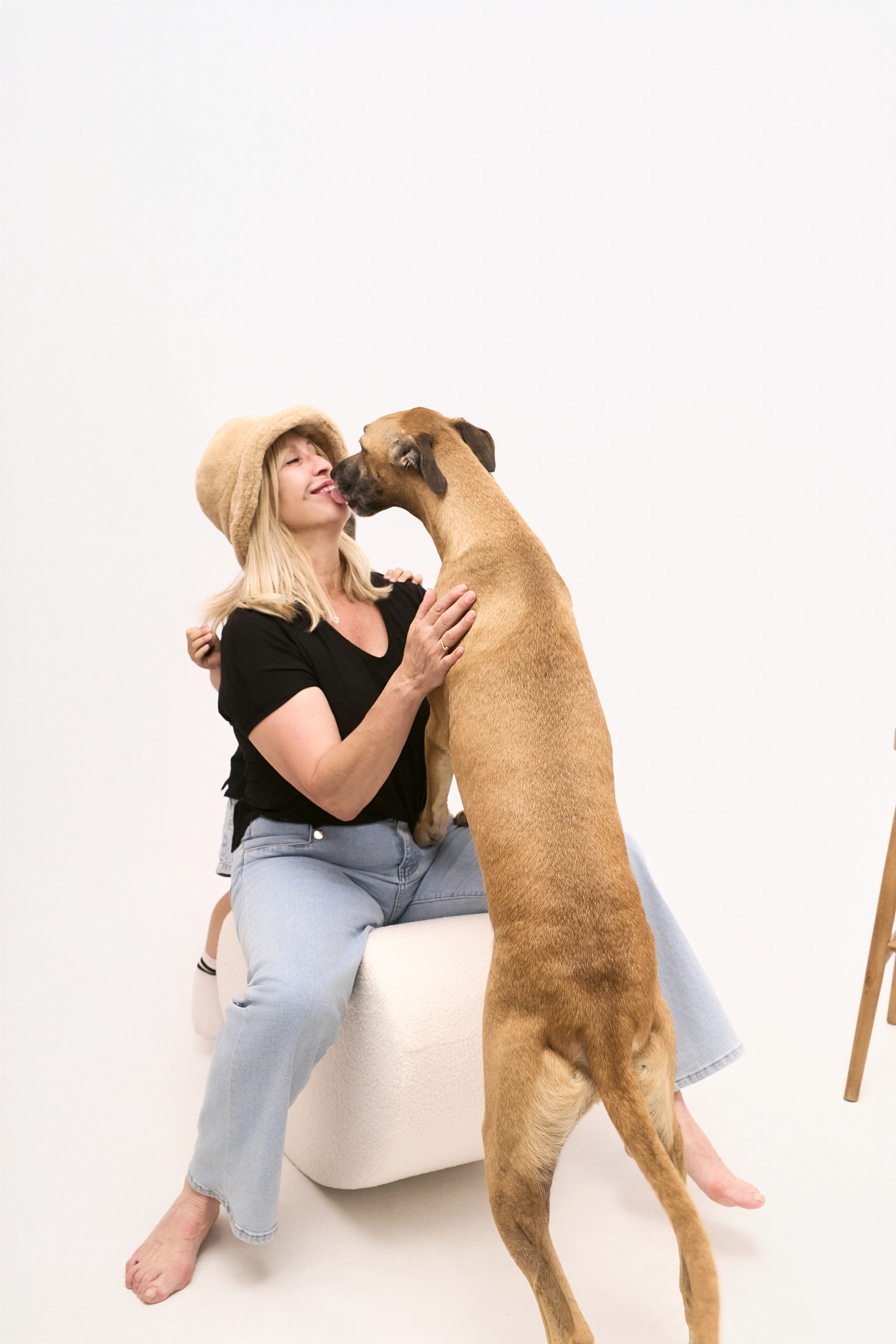 woman dog tender moment family studio photo ideas pets
