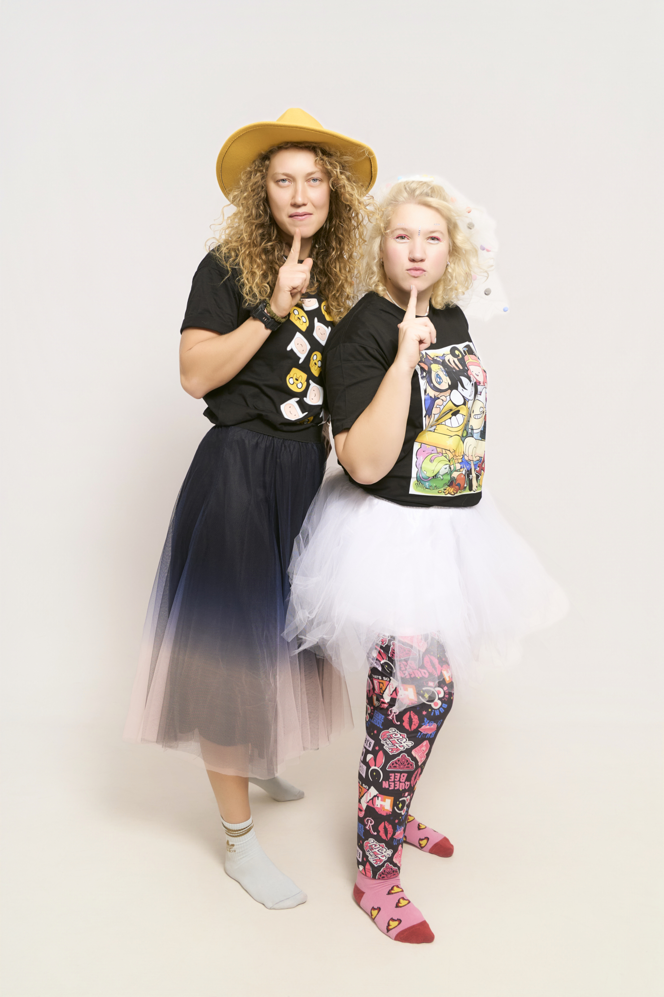 two friends hen party photo session silence gesture tutus