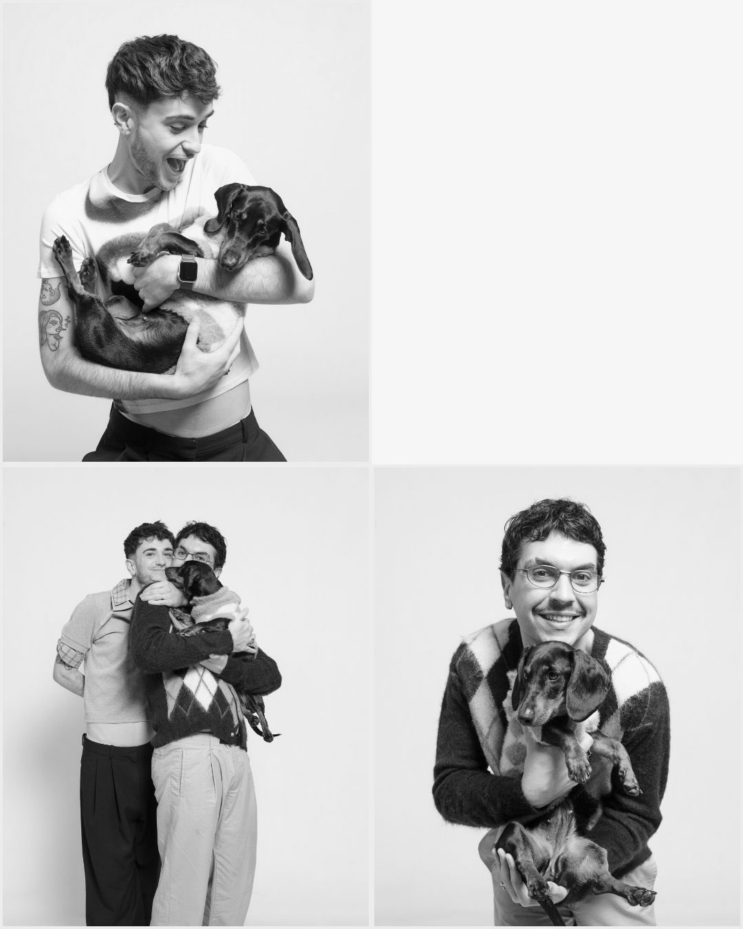 Amigos riendo con su perro salchicha en sesión de self photo studio YOULO en Barcelona