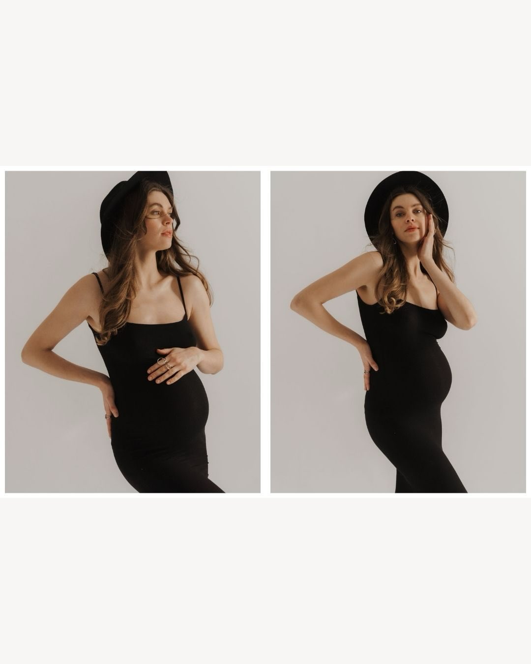 Sesión de fotos de embarazo con vestido oscuro sobre fondo claro en estudio de Barcelona