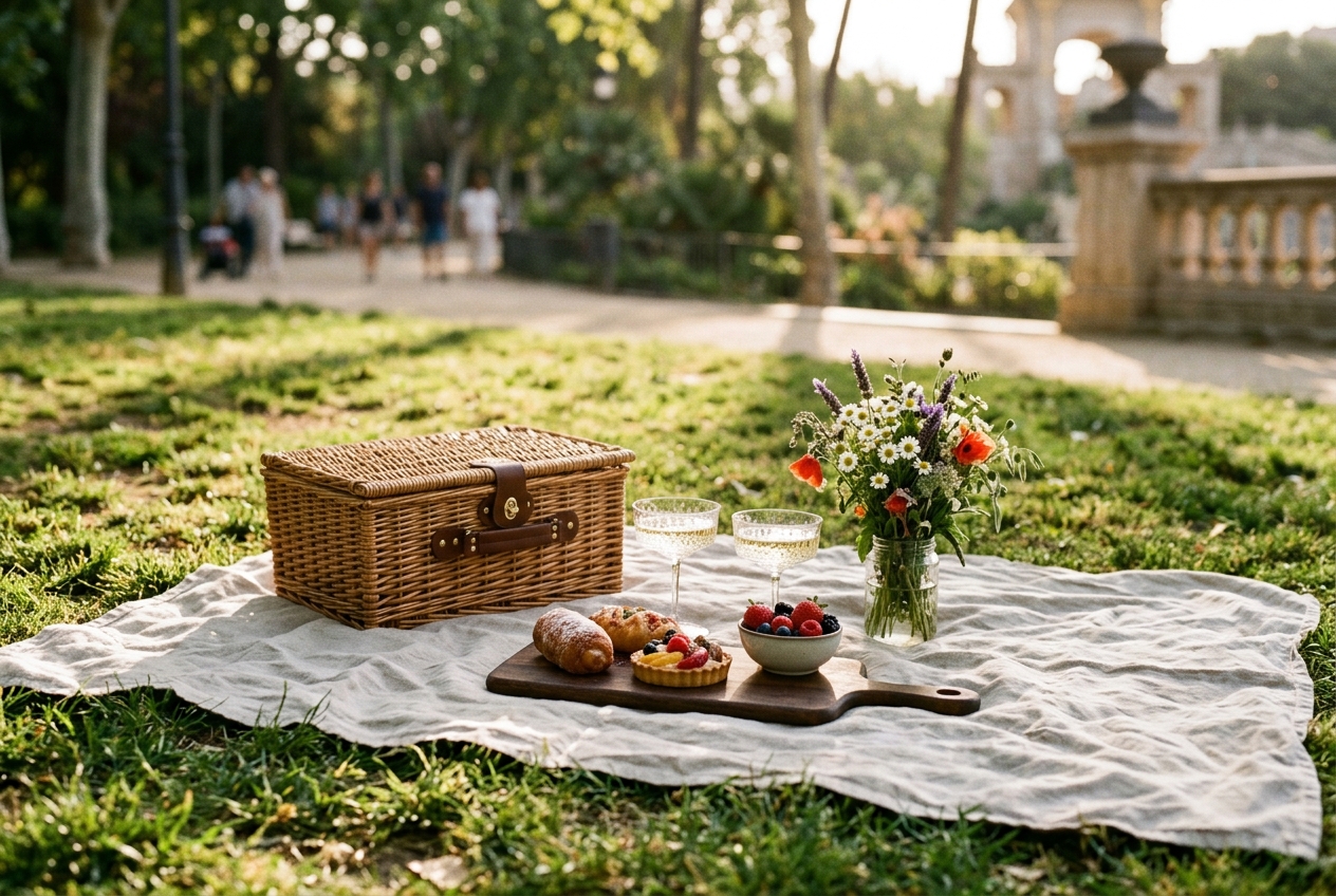 Picnic basket set up in Parc de la Ciutadella as an intimate birthday surprise in Barcelona