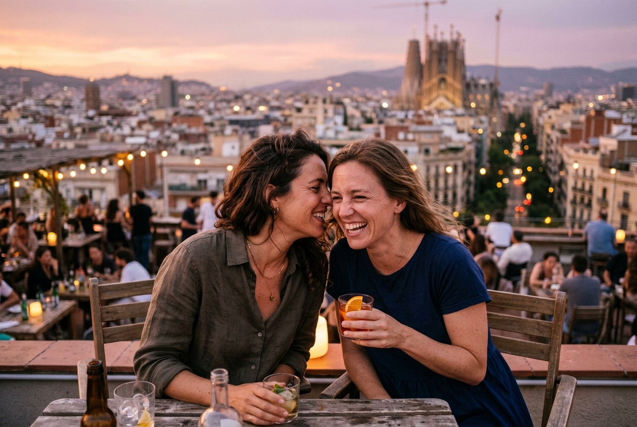 Two friends at a rooftop bar in the Eixample at sunset during a birthday surprise in Barcelona