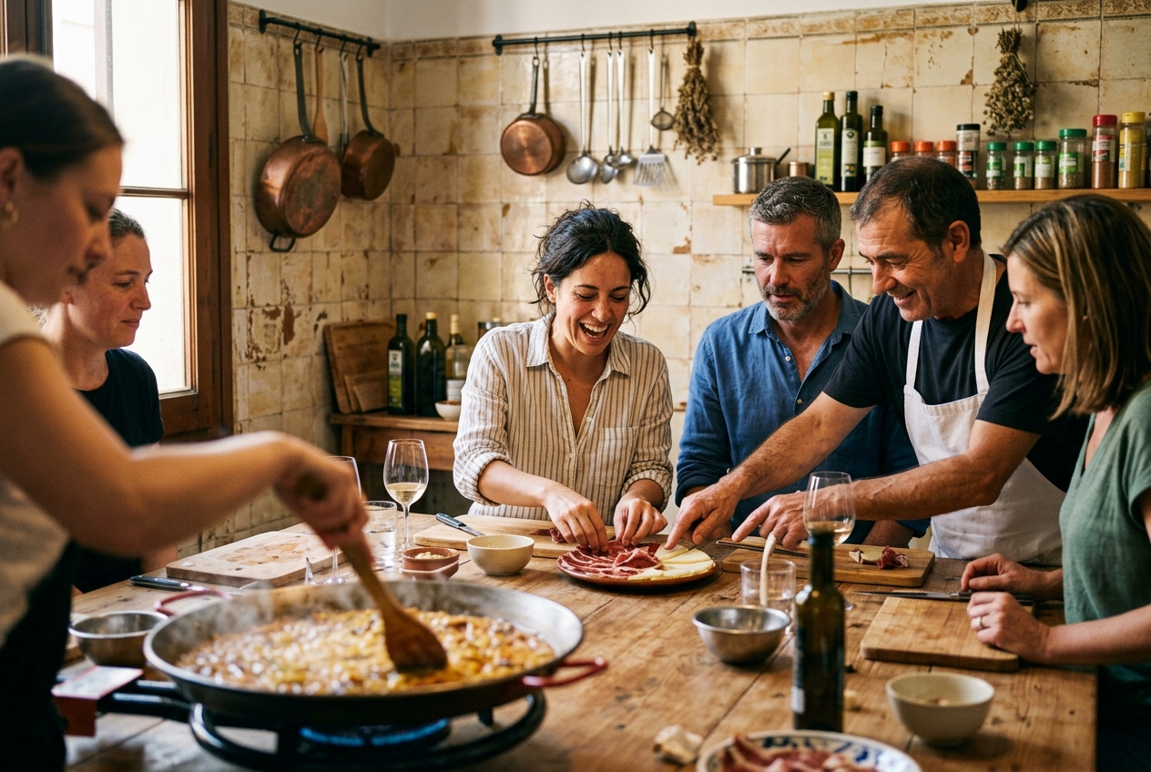 Group of friends at a private-chef cooking workshop during a birthday surprise in Barcelona